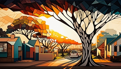 Cubist Sunset Over Pretoria's Jacaranda-lined Suburban Street