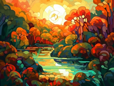 Rippling Sunset in Cubist Stream