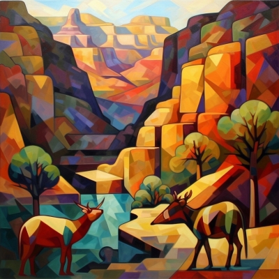 Wilderness in Cubism- A Majestic Fusion of Animals and Canyon